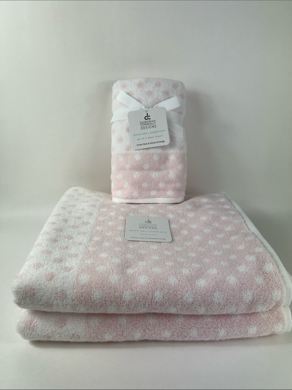 Deborah Connolly Towel Set Pink White Polka Dot Plush Super Soft 4 Pc Set NEW